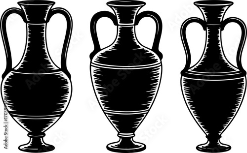 Sketch of three antique amphorae and vases vector illustration