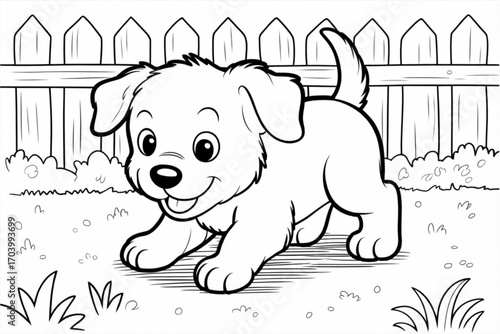 Happy cartoon puppy playing outdoors in a grassy yard with a fence