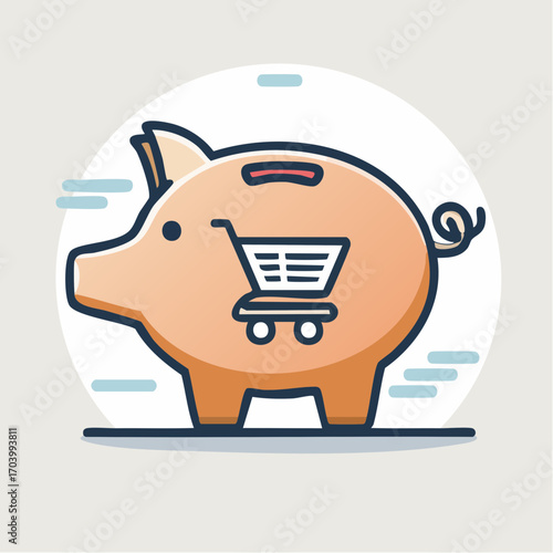 Beige Piggy Bank With Shopping Cart Illustration