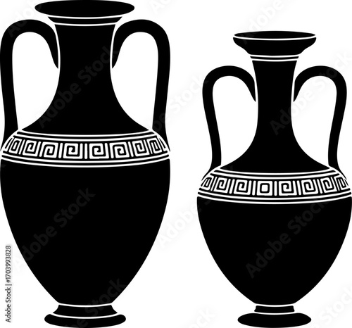 Sketch of three antique amphorae and vases vector illustration