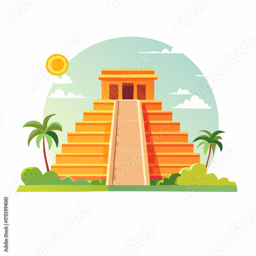 Ancient Golden Pyramid in Lush Tropical Landscape