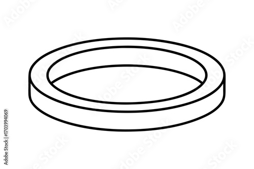 Vector art of a simple line drawing of a hollow circular ring with a flat base, presented in an isometric perspective, isolated .