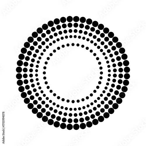 Vector art of a black and abstract circular pattern composed of concentric rings of dots, creating a radial design effect.