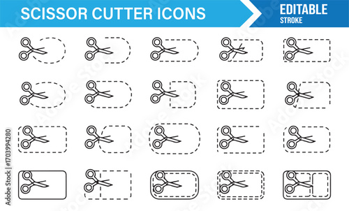Editable dashed scissor cutting icons – coupon border, label frame, and trim shapes collection