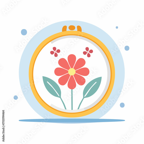 Embroidery Hoop With Red Flower And Green Leaves