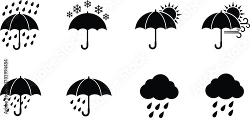 Set of black weather icons with umbrellas showing rain, snow, sun, and wind elements for seasonal forecast vector design.