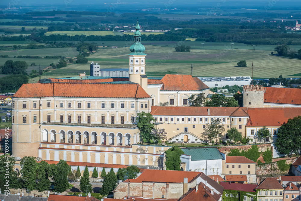 Fototapeta premium Aerial view from Holy Hill on Castle in Old Town of Mikulov, Czech Republic