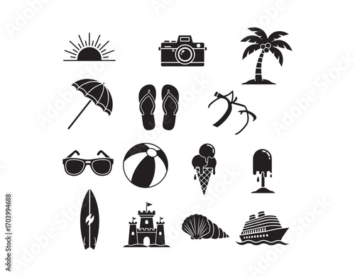 Set of summer vacation glyph icons. This vector illustration features a glyph style that includes a sunrise, a camera, a coconut, and more.