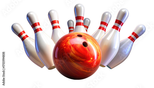 Close-Up of Bowling Ball Hitting Pins, Action Frozen, Transparent PNG
