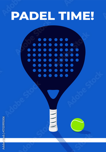 Padel tennis time: racket and ball on blue court background