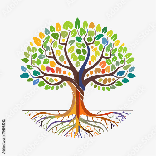 Colorful Abstract Tree With Roots On White Background