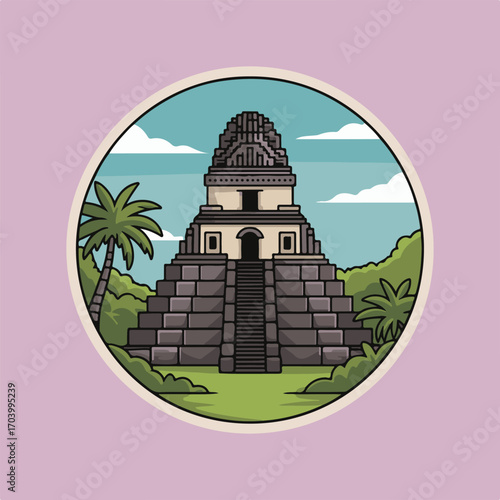 A vibrant sticker showcasing the ancient mayan pyramid, set against a backdrop of lush jungle and clear sky, capturing the essence of history and travel destinations