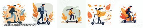 vector of a person riding an electric scooter in autumn