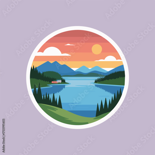 Lake landscape with mountains, forest, and sunset sky, a serene and picturesque scene, perfect for nature lovers, vector illustration, travel destination