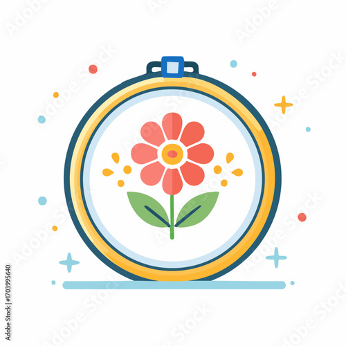 Embroidery Hoop With Red Flower And Green Leaves