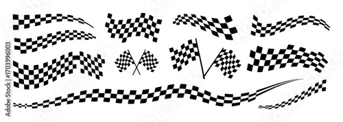 Collection of Black and White Checkered Flags and Wavy Ribbons