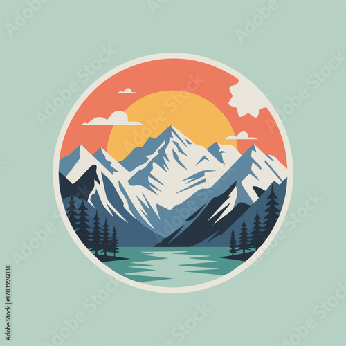 Majestic mountain peaks rise against a vibrant sunset, casting long shadows across the tranquil lake below, surrounded by lush evergreen forests in a serene wilderness landscape