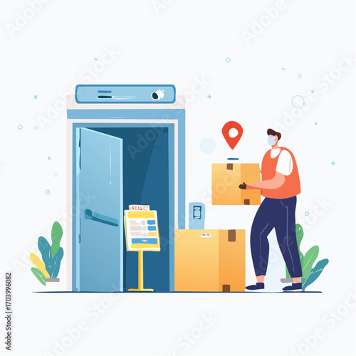 Delivery Man With Mask Carrying Parcel To Door