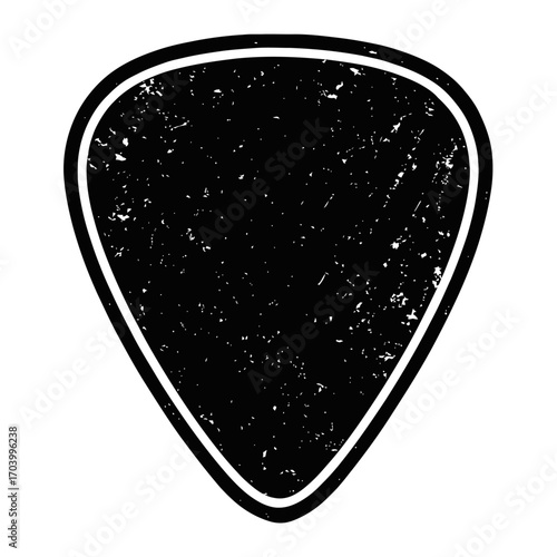 Black Distressed Guitar Pick Icon with White Outline, Grunge Texture. Versatile Plectrum Graphic for Music Instrument Accessories, Rock Band Logos, Vintage Style Silhouette Art, Digital Design Element