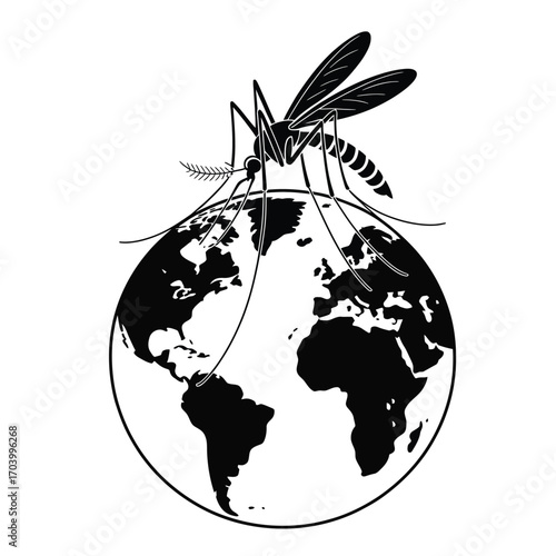Black vector illustration of a mosquito perched on a globe, symbolizing global impact of malaria in conceptual vector style