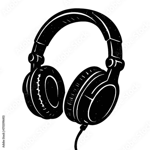 Crisp black and white graphic rendering of classic wired over-ear headphones, an iconic symbol of music and audio culture. Ideal for DJs, sound engineers, music producers, and enthusiasts, enhancing b
