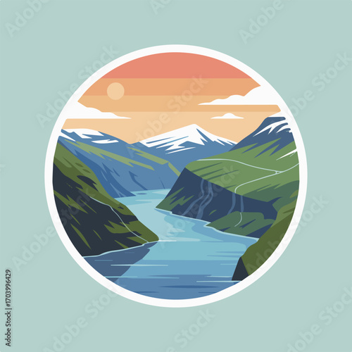 Scenic illustration of a norwegian fjord landscape, capturing the stunning natural beauty of norway with its mountains, river, and sky, ideal for travel and naturethemed projects