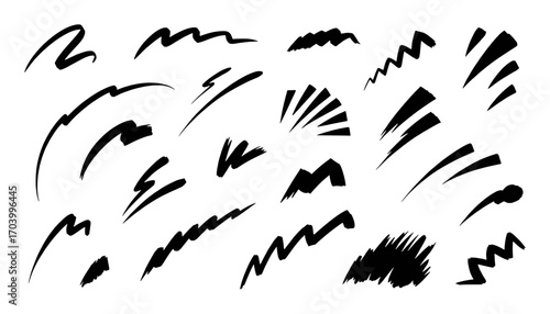 Collection of Black Brush Strokes and Abstract Shapes on White Background
