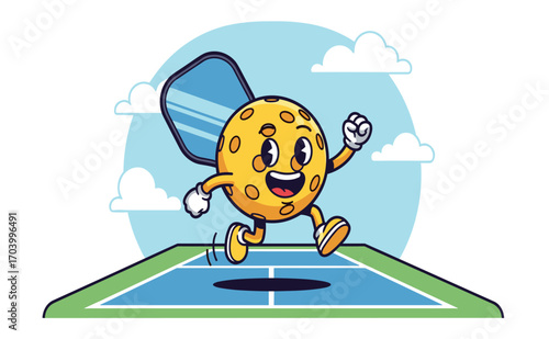 Fun Cartoon Character of a Pickell Ball Playing on a Pickel Ball Court