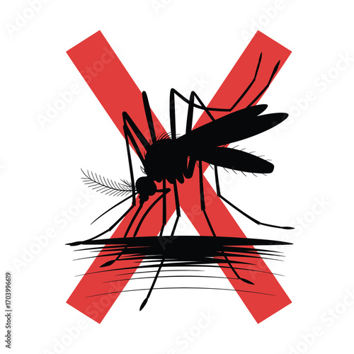 Black silhouette vector of a mosquito biting human skin with red cross overlay in conceptual health warning style