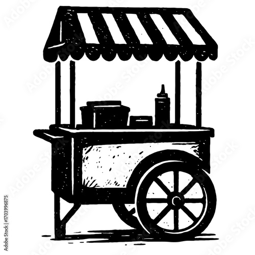Detailed black and white illustration of a classic street food cart, featuring a charming striped awning, essential condiments, and a rustic wheel, perfect for vintage market designs, urban culinary t