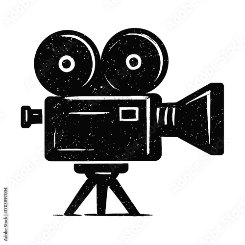 Vintage Black & White Film Camera Icon - Classic Retro Movie Projector Symbol on Tripod for Cinematic Production, Video Recording, & Filmmaking - Distressed Grunge Art for Creative Industry & Entertai