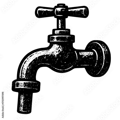 Vintage rustic garden water tap illustration, an old-style cast iron spigot or outdoor faucet with a classic cross handle, perfect for plumbing designs, home decor, and water conservation themes. Blac