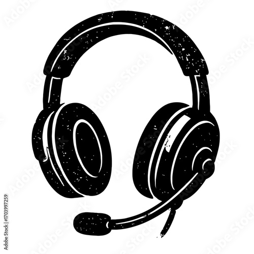 High-contrast distressed grunge style silhouette of an over-ear headset with boom microphone, ideal for gaming, communication, call centers, audio, and customer support. Iconic black and white illustr