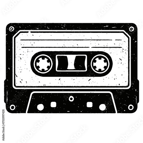 Vintage Distressed Audio Cassette Tape Icon - Retro Music Playback Media - Classic Analog Sound Recording - Old School Nostalgia - Monochrome Grunge Style Graphic - Iconic 80s 90s Era - Perfect for Mu