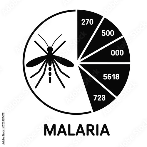 Black vector pie chart with mosquito symbol, representing malaria statistics, data visualization, and disease analysis on white background