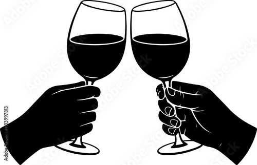two hands holding and clinking wine  glasses vector illustration
