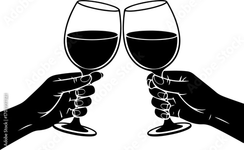 two hands holding and clinking wine  glasses vector illustration