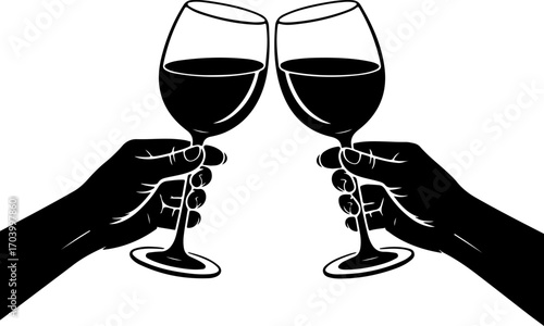 two hands holding and clinking wine  glasses vector illustration