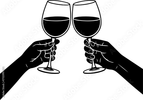 two hands holding and clinking wine  glasses vector illustration
