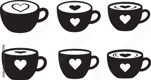 Six coffee cups with heart designs silhouette