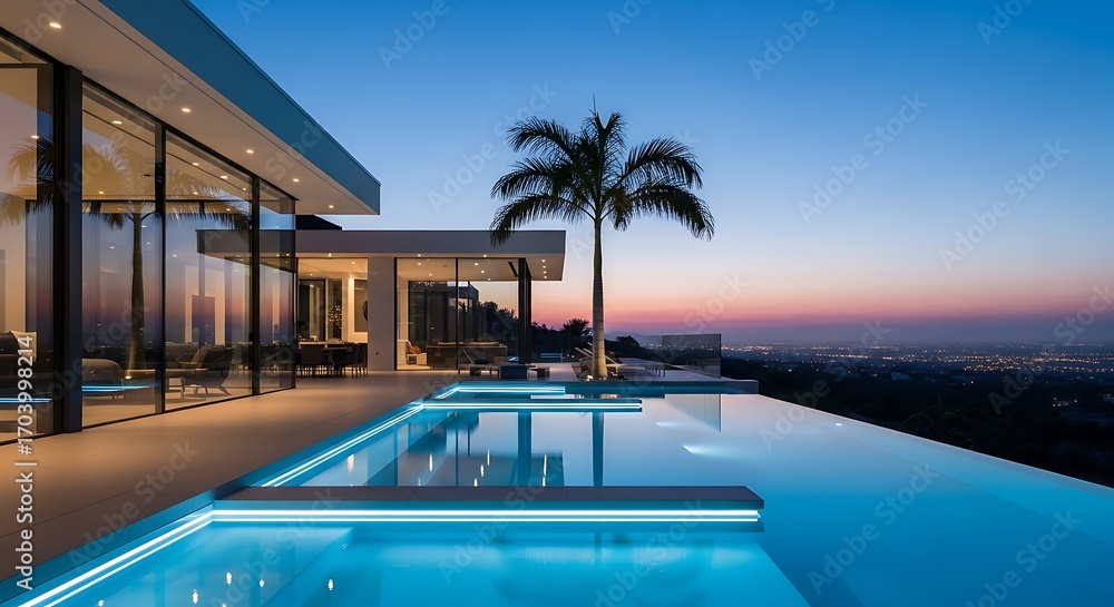 Fototapeta premium Contemporary architecture by infinity pool with city view during twilight