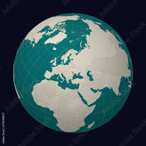 Republic of Moldova on the map. Globe centered to Moldova. Country location on the world map. Teal Pale Mint color palette. Globe with countries, meridians and parallels.