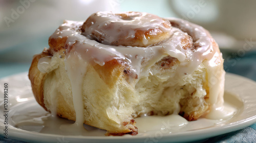 A close-up of a freshly baked cinnamon roll covered in creamy icing. The gooey glaze and soft, fluffy dough make this sweet pastry an irresistible breakfast treat.