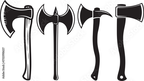 Axe Collection Black Silhouette on Transparent Background Lumberjack Tool Equipment Design