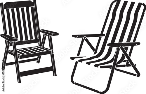 Outdoor Wooden and Striped Beach Chairs for Relaxing Summer Days and Leisure Time Fun