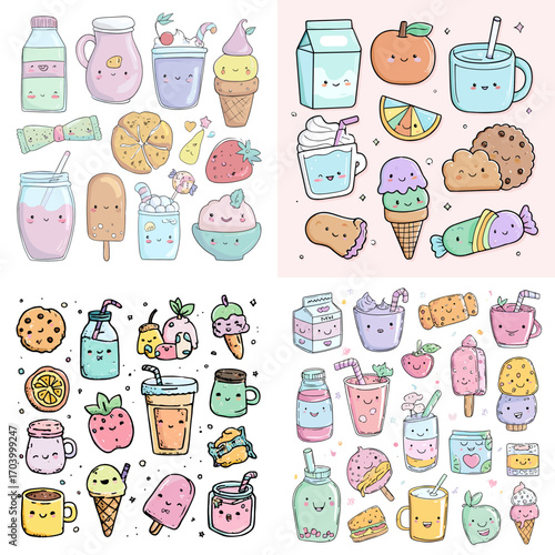 Adorable doodle illustrations of kawaii food and drinks including sweets, ice cream, cookies, and juices in pastel style, perfect for kids, stickers, and fun design.
