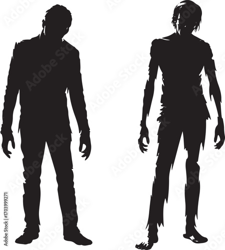 Two Zombie Silhouettes Standing in a Row for Halloween Horror and Undead Theme
