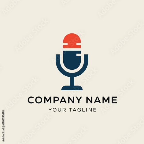A stylized microphone logo design with a red top and navy blue base, set against a light beige background.