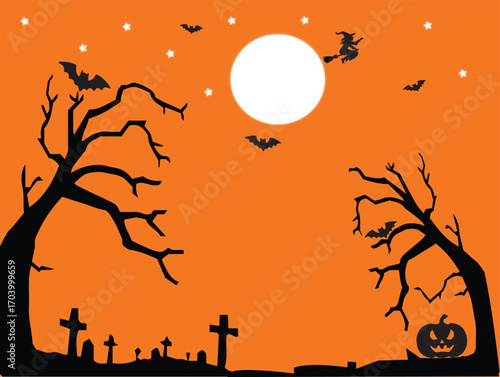 Halloween night graveyard illustration, spooky trees with bats flying under full moon, scary holiday background with cemetery and haunted atmosphere