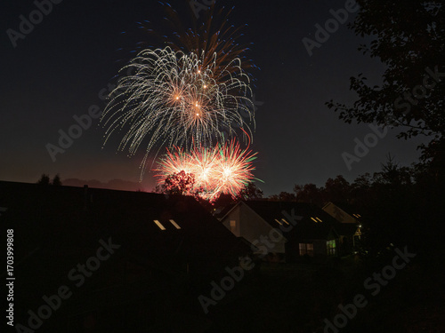 Colorful fireworks burst over a residential community at night